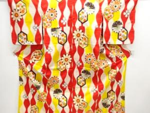 大正ロマン　立涌に花亀甲模様織り出し銘仙着物